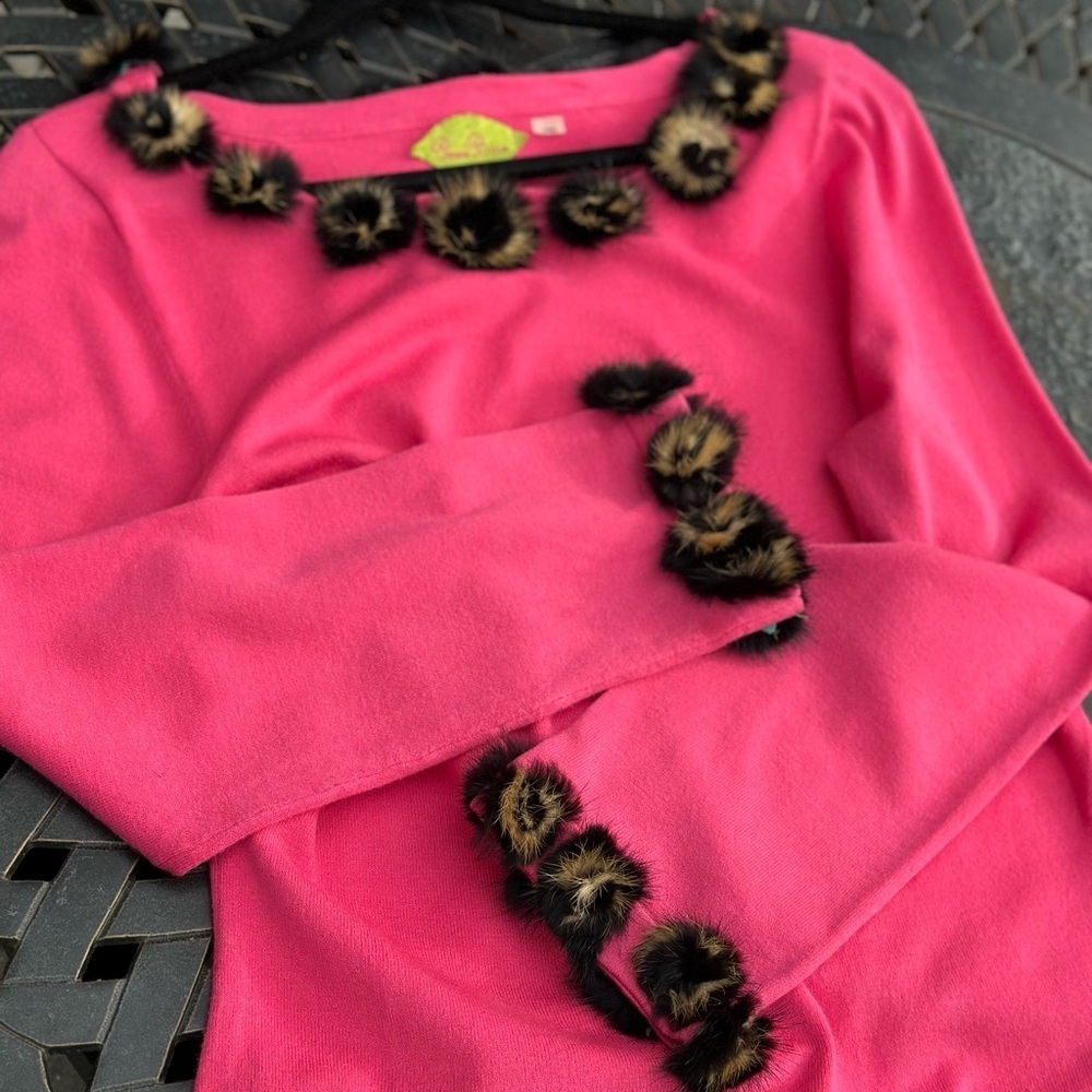 Pink Prima Bella Sweater with Genuine Mink Rosette Neck and Sleeve Accents